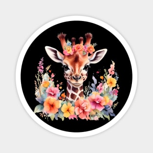 A giraffe decorated with beautiful watercolor flowers Magnet